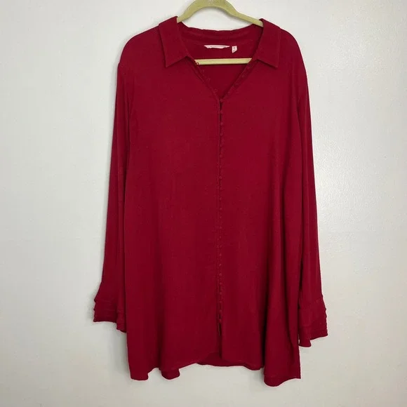 Soft Surroundings Red Sonnet Button Front Ruffled Sleeve Tunic Poet Blouse 2X - Picture 2 of 7